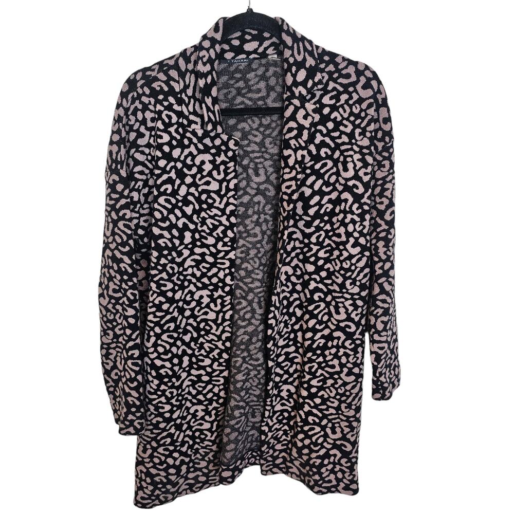 Tahari Sweater Leopard Print Cardigan Sweater Knit Sweater Women M Black Brown